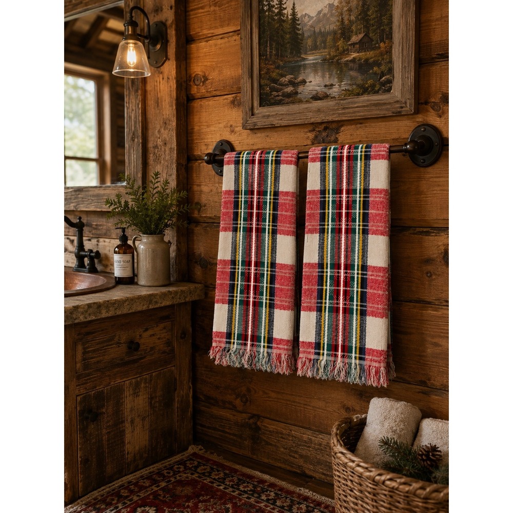 Vintage Martex Plaid Bath Towels Pair 24x45 Cotton Blend Red Tartan Fringe 2